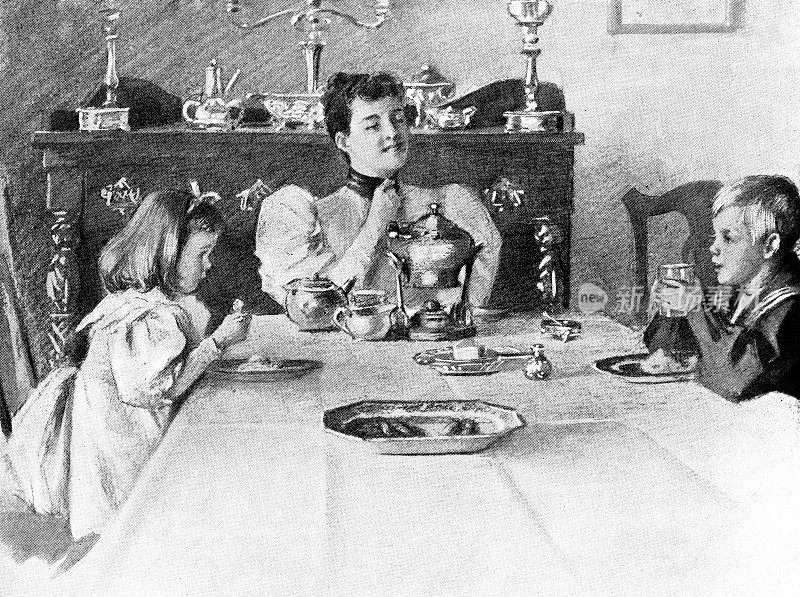 美国纽约家庭在家吃晚餐- 19世纪